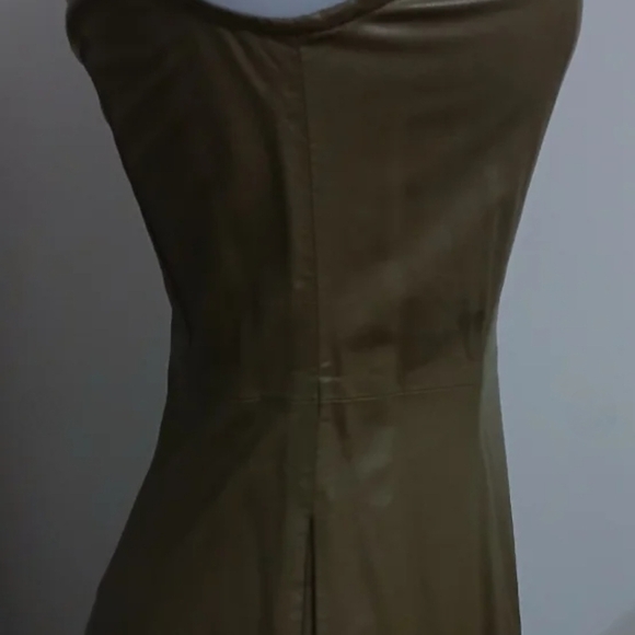 BNWT Stradivarius Olive Faux Leather Flare Midi Dress Sz L Sleek Look Night Out - Picture 6 of 9